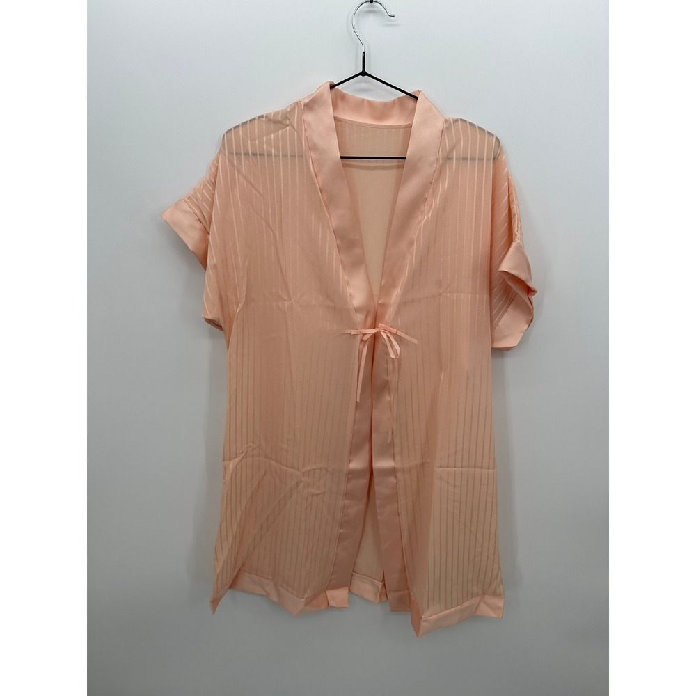 Vintage Peach Shadow Stripe Short Robe Tie Front Kimono Sleeve Size S USA Made